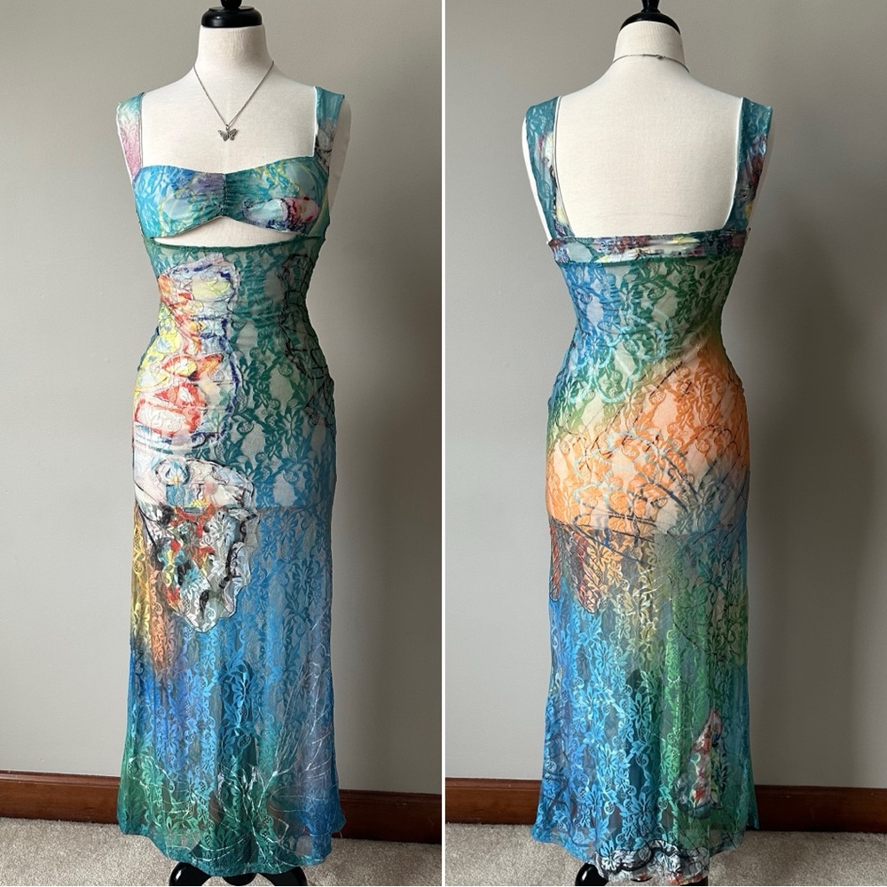 Multicolor Mesh Cut-Out Print Women's Dress with Butterfly Detail